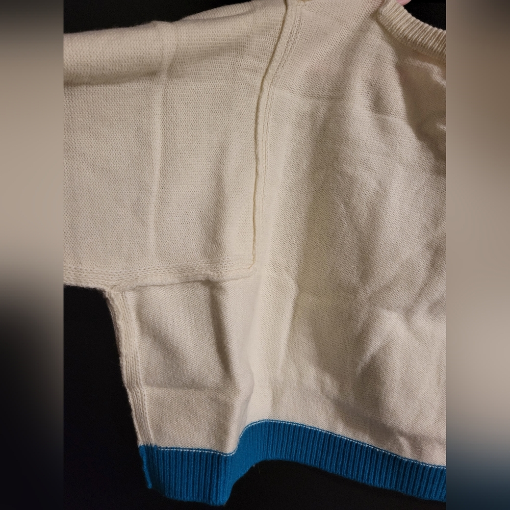 Free People Cream Cropped Sweater with Teal Trim - Picture 6 of 16